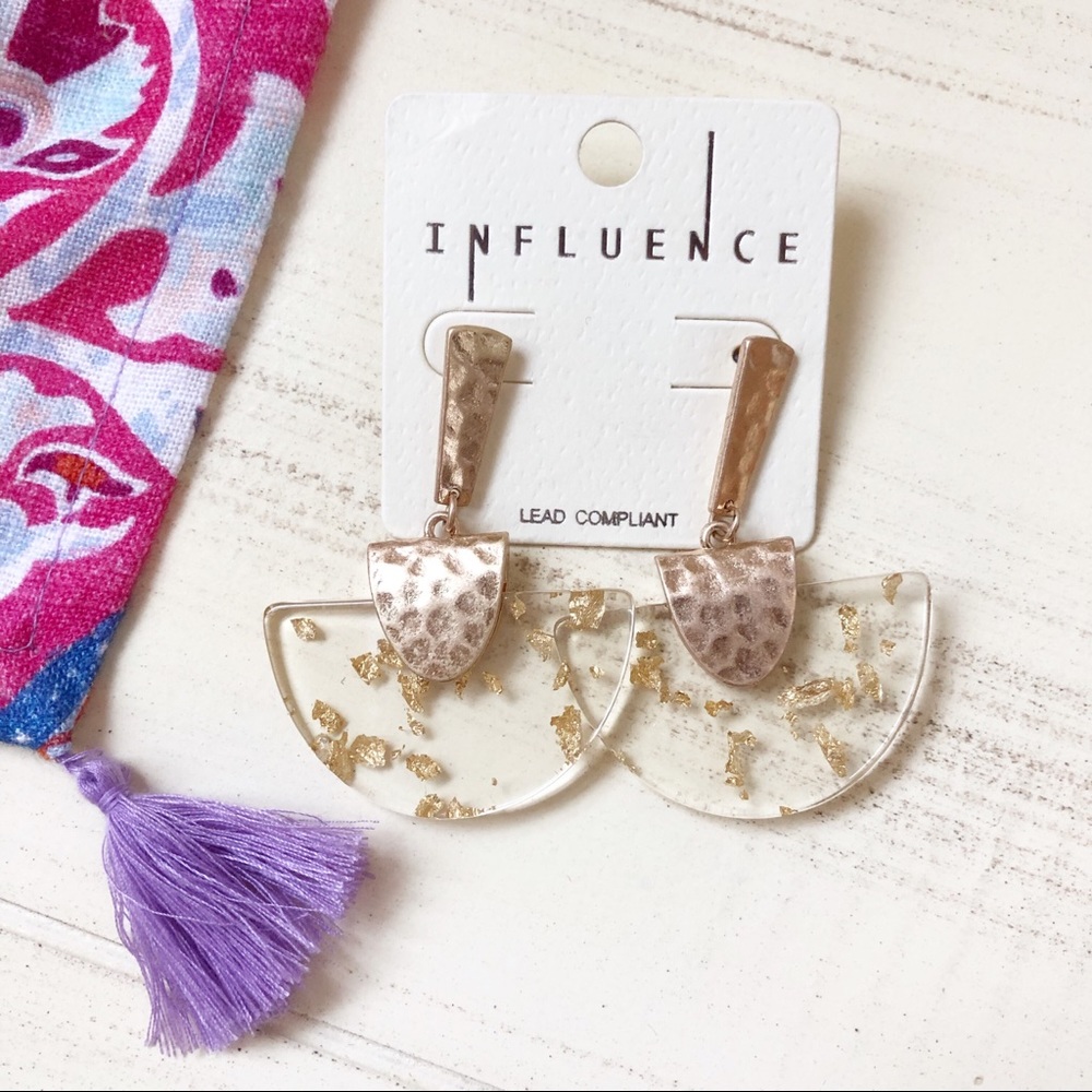 NWT Bohemian Clear Gold Acetate Fan Metal Earrings